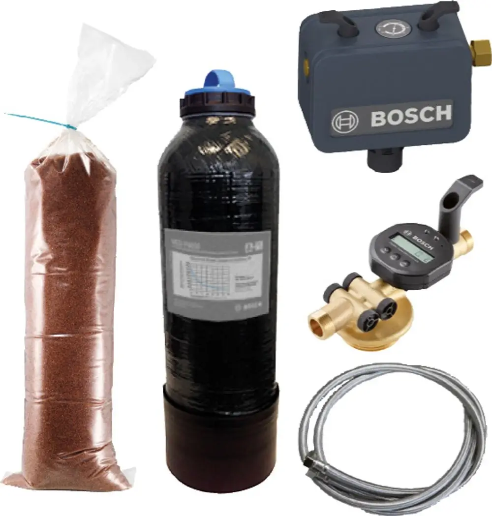Wasseraufbereitungssystem bestehend aus einem Behälter, Fülleinrichtung, Sensor und variablen Leitungen, mit Bosch-Branding erkennbar.